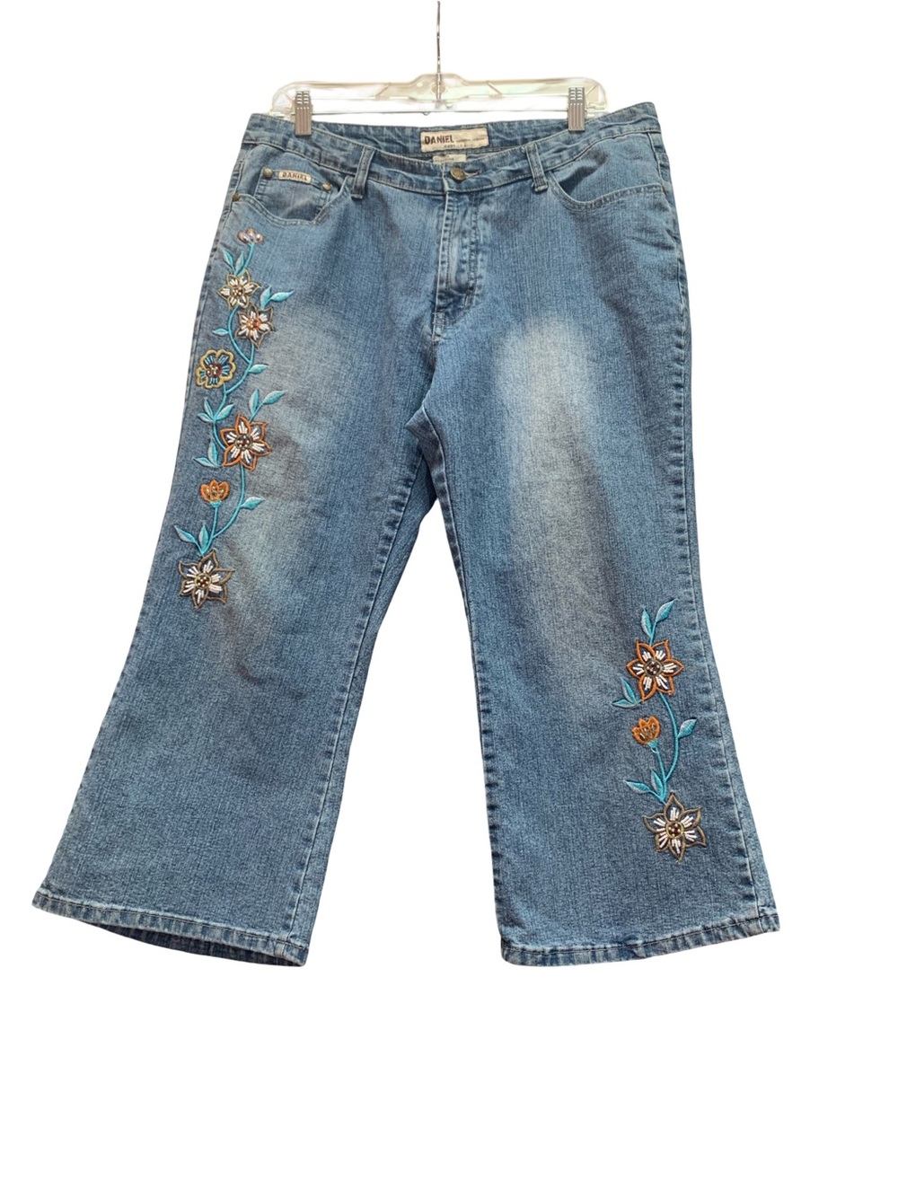 Blue Embroidered Cropped Jeans - Floral Accent